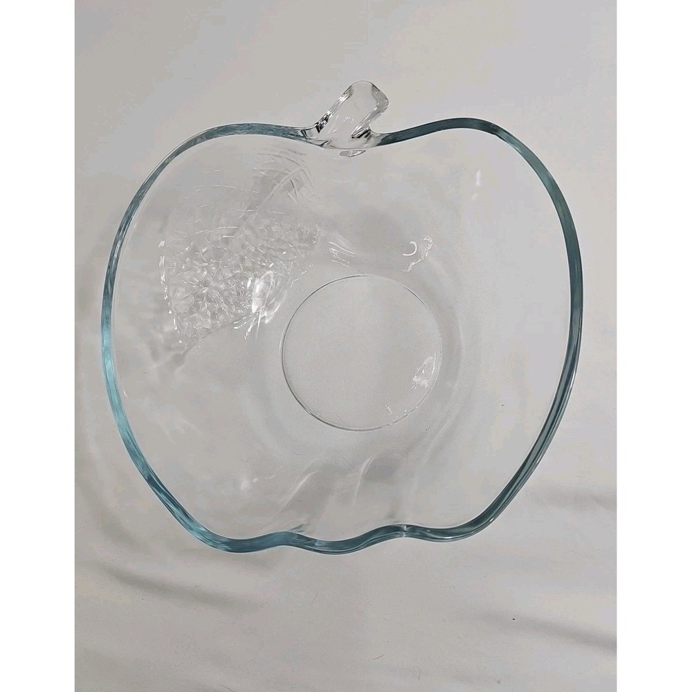 Vintage KIG Apple Shaped Glass Bowl Clear Embossed Leaf Indonesia